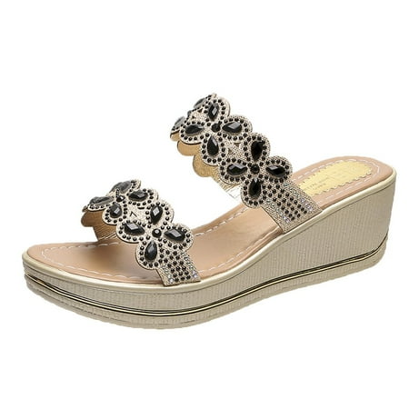 

iOPQO Women s Wedges Women Ladies Bohemia Crystal Wedges Thick Peep Toe Sandals Slippers Shoes bcA58 Ladies Foreign Trade Bohemian Black 40