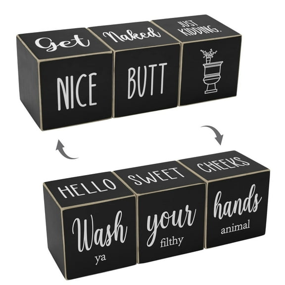Funny Farmhouse Bathroom Decor and Accessories for Shelf, 4-Sided Wooden Blocks, Modern Rustic Restroom Decorations, Black 2.8 in，Style 3