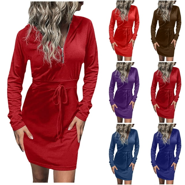 Gspmoly Robes Grande Taille pour Femmes aux Formes, Robe de Protection à Capuche Colorée pour Femmes Robe Portefeuille Noire Robe Moulante Robe à Manches Longues Robes d'Été pour Femmes jusqu'à 70 % de Rabais