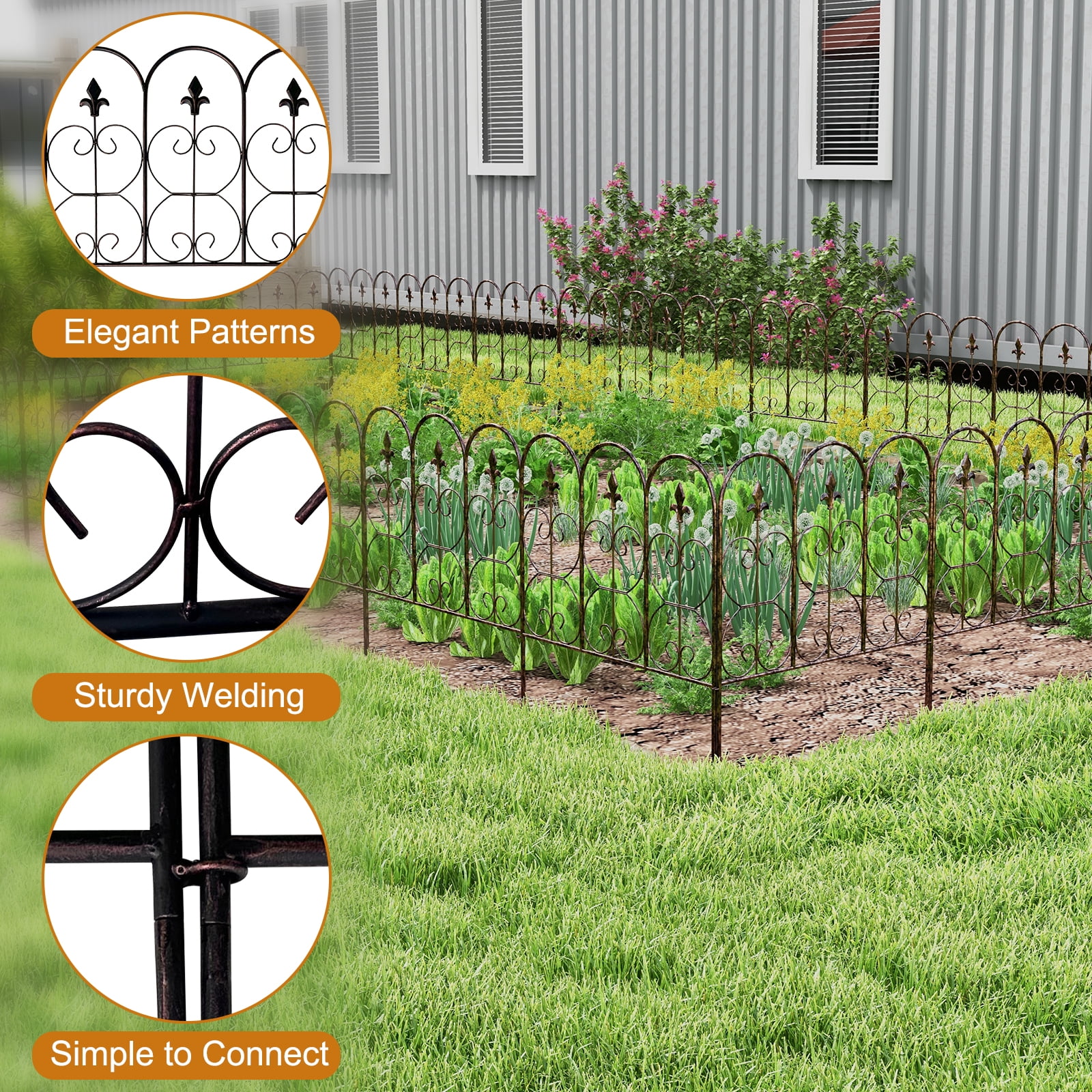 Kinbor 5 Panels Decorative Garden Fence Border, 31.7in (H) x 10ft (L) Metal Garden Fencing Animal Barrier for Dogs, Black Gold