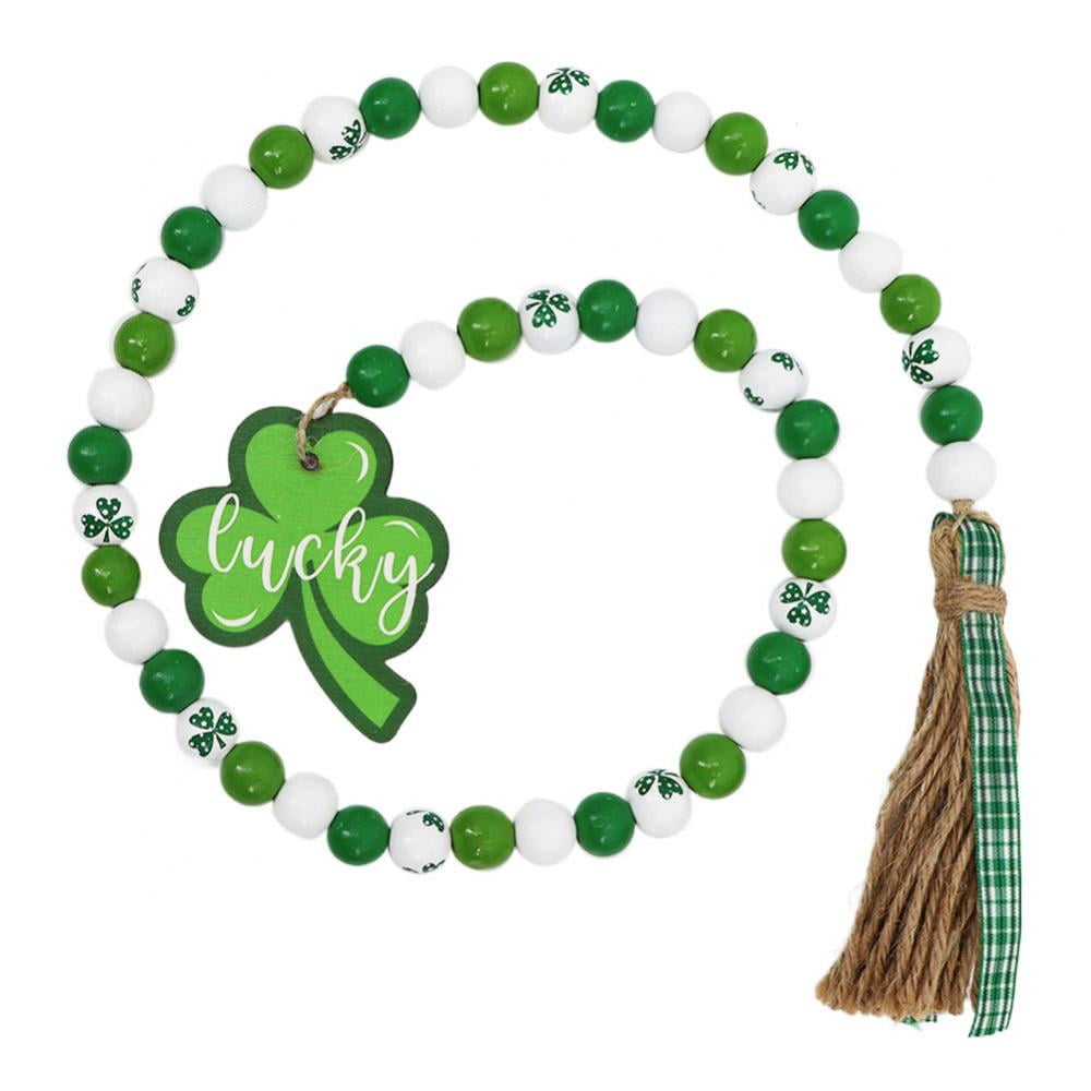 Patrick's Day Wooden Beaded Garland-Tier Tray Decor-Beads-Rustic-Farmhouse-Stained & Natural Beads-Wood Garland-Shamrock-Irish-St