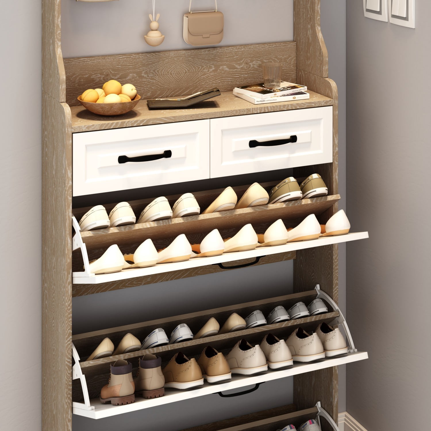 Shoe Cabinet with 3 Flip Doors, 2 Drawers & Hanging Rack, Narrow Entryway Shoe Storage Organizer for Hallway, White+Oak