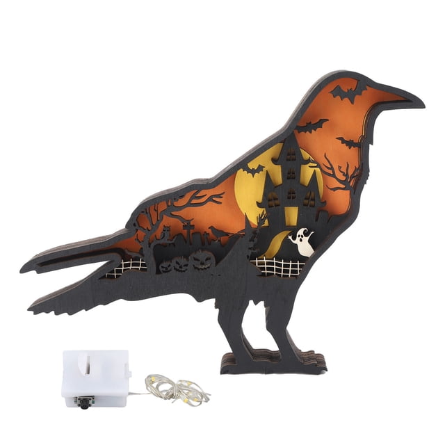 Adorno de madera tallada con luz, artesanías de animales talladas en madera 3D con luces para decoraciones de Halloween, cuervo