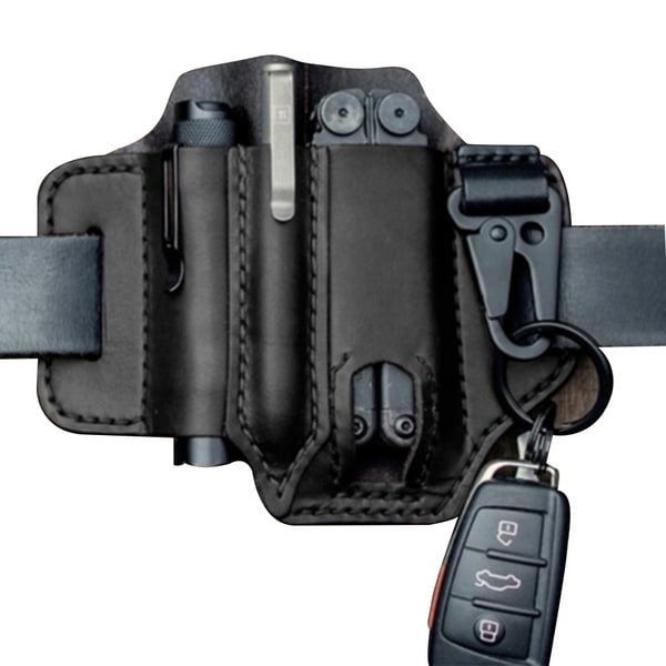 Black EDC Leather Sheath for Leatherman Multitools Sheath,Pocket Organizer Belt Leather Pouch with Key Ring Pen Holder for Knives//Flashlights//Outdoor Survival Tools