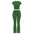 thumbnail image 6 of Womens 2 Piece Lounge Set Short Sleeve Crop Top Wide Leg Flare Pants Matching Pajamas Set Cozy Stretchy Y2k Sleepwear Casual Daily Outfit, Army Green Olive, L, 6 of 8
