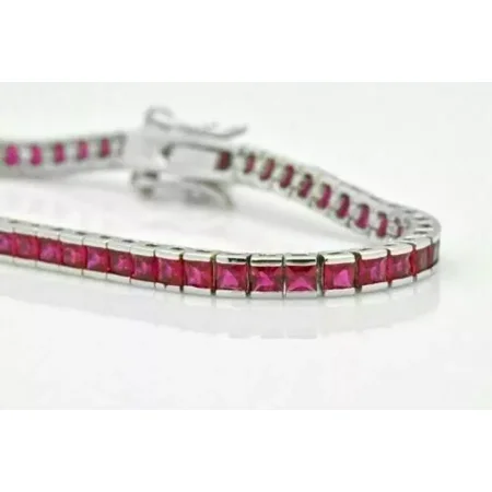 "7 Ct Simulated Princess Cut Red Ruby Tennis Bracelet, 14K White Gold Plated Sterling Silver, Elegant Jewelry for Women"