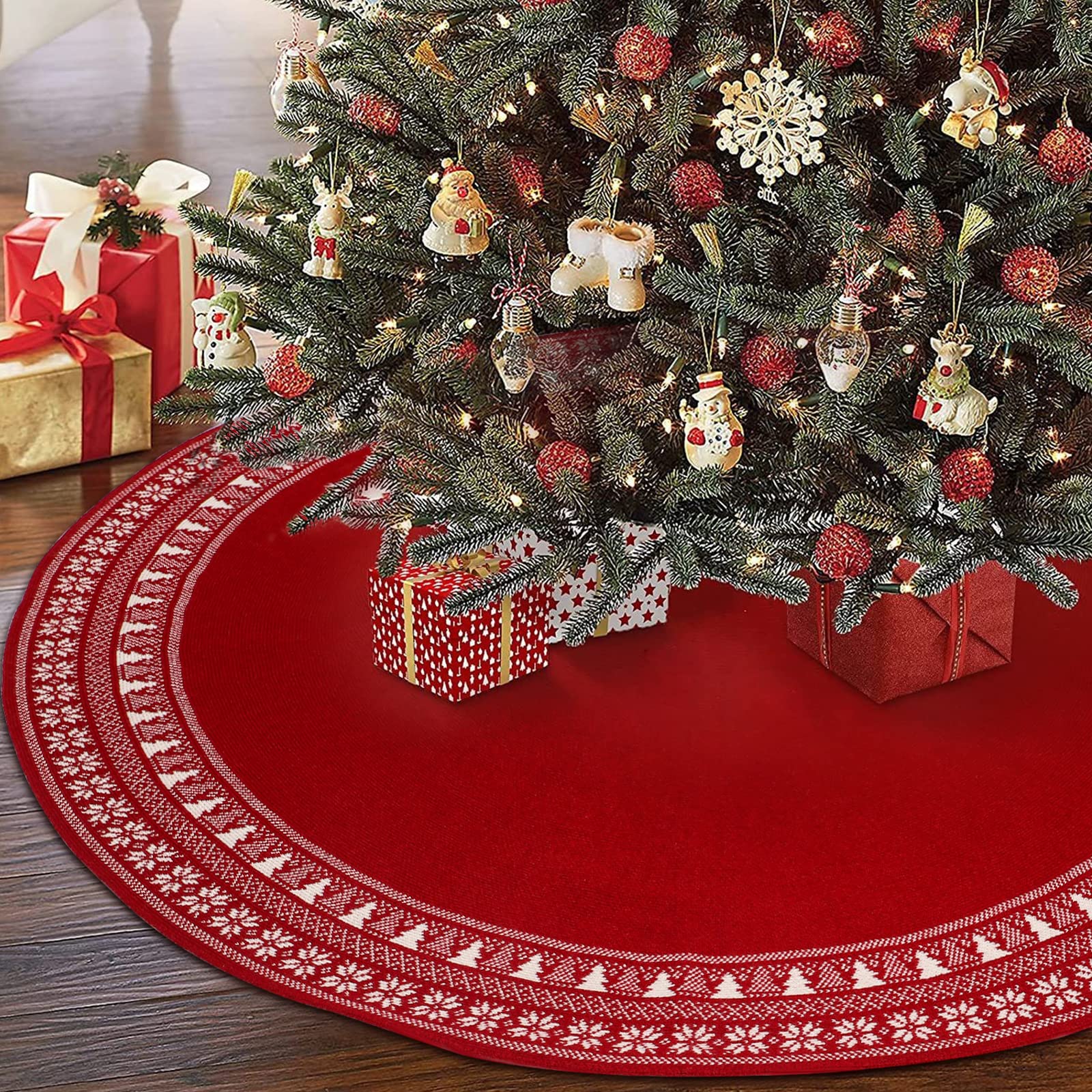 Christmas Tree Skirt, 36inch Red Knitted Christmas Tree Skirts with