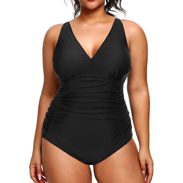 GHSDFBB Women Plus Size One Piece Swimsuits V Neck Tummy Control Bathing Suits Retro Ruched Swimwear