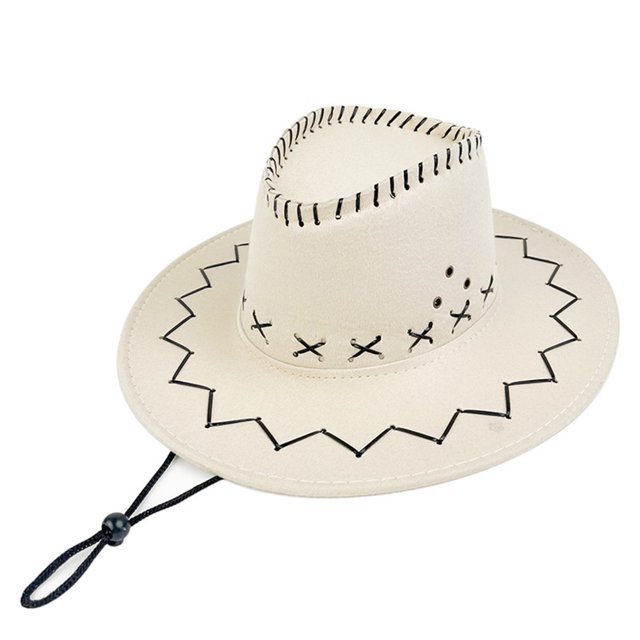 Wide Brim Solid Color Western Cowboy Hat Windproof Rope Fine Sewing Women Men Retro Jazz Hat Fashion Accessories