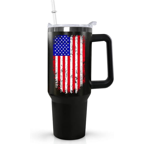 American Flag Tumbler with Handle,40 oz Dad Vacuum Insulated Stainless Steel Travel Tumblers,Patriotic Military Gifts For Veterans, Police, Fathers Day, 4th of July
