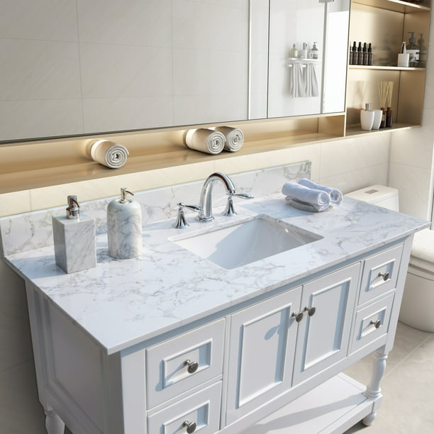 Belupai 43x22 Bathroom Vanity White Marble Color With Rectangular Undercounter Ceramic Sink And 3 Tap Holes Backsplash Only Rock Slab Com - Bathroom Vanity 3 Tap Holes