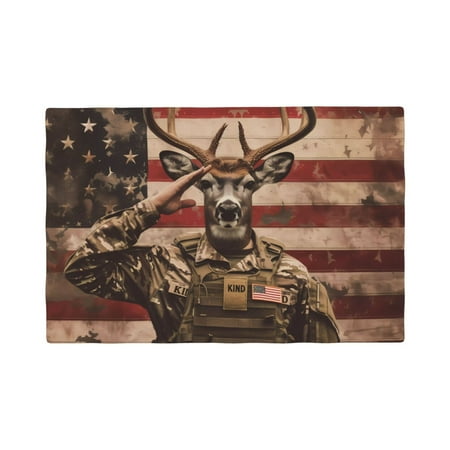 

Table Placemats Set of 6 - Patriotic Deer Soldier Salute 12x18 In Faux Linen Double Heat Resistant Place Mats Cloth Indoor/Outdoor Placemats Washable Table Mats for Dining Kitchen Party