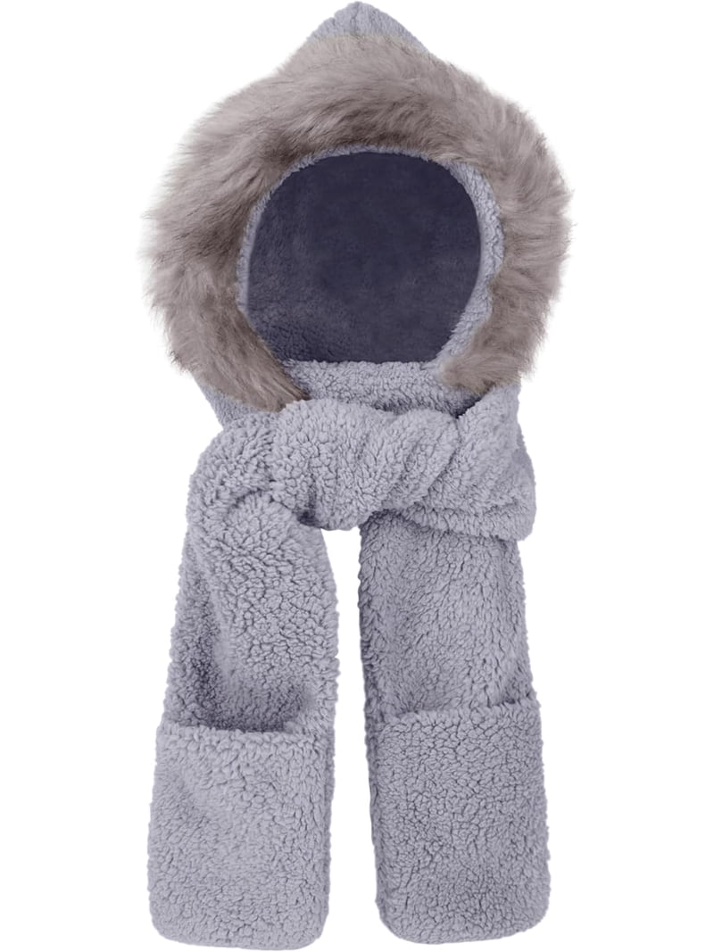 Winter Faux Fur Fuzzy Trim Sherpa Hooded Scarf Cute 3-in-1  display picture 3