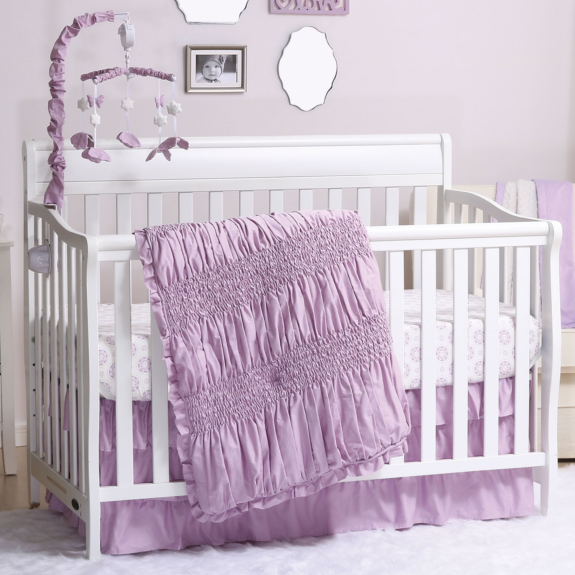 Lilac Kisses Purple Smocked 4 Piece Crib Bedding Set by The Peanut