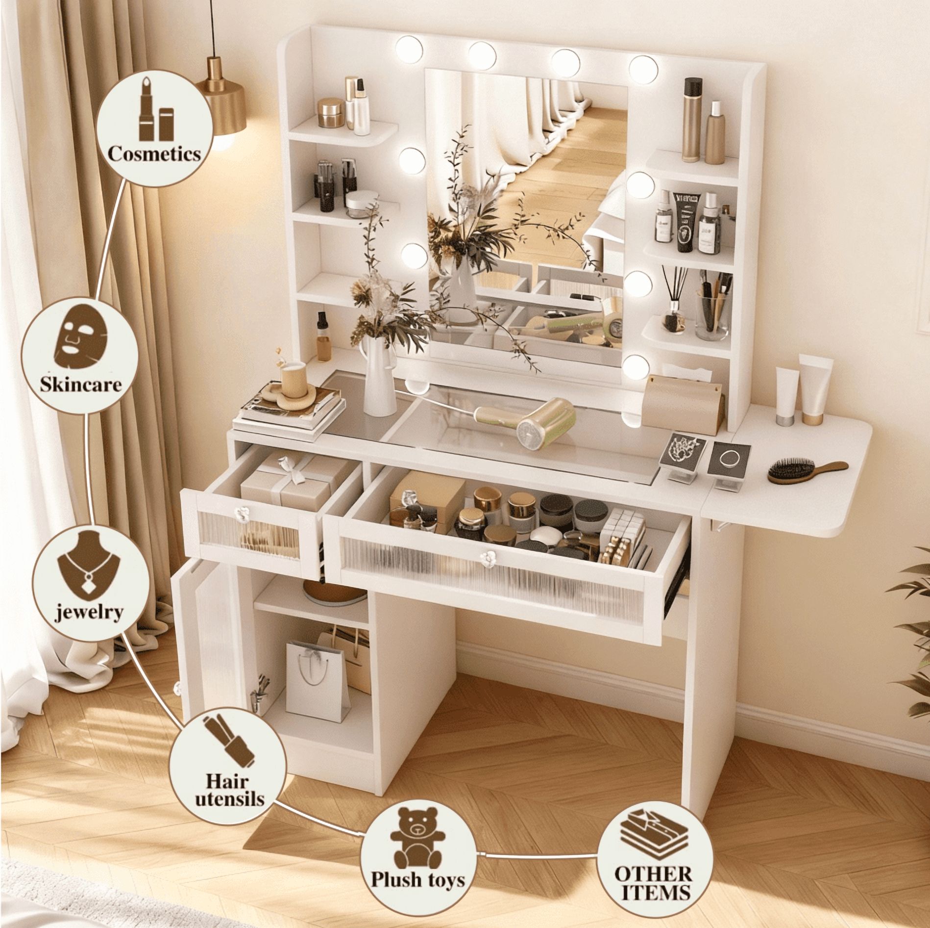 Vanity Desk with Mirror and Lights, Makeup Vanity Desk with Lights 7 Colors, Transparent Top Vanity with 2 Drawers, 6 Shelves, Large Tempered Cabinet, Power Outlet, for Bedroom, White