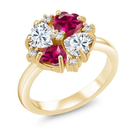 Gem Stone King 18K Yellow Gold Plated Silver White Moissanite and Red Created Ruby Ring for Women (2.12 Cttw, Heart Shape 5MM, Gemstone Birthstone, Size 5)