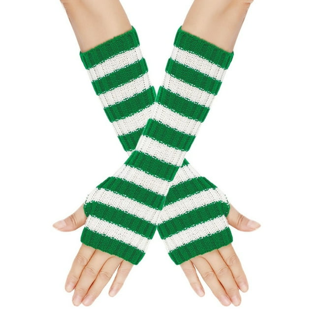 GDREDA Winter Striped Fingerless Convertible Mittens Touchscreen Texting Warm Knitted Handwear For Cold Weather Outdoor Activities Green,One Size