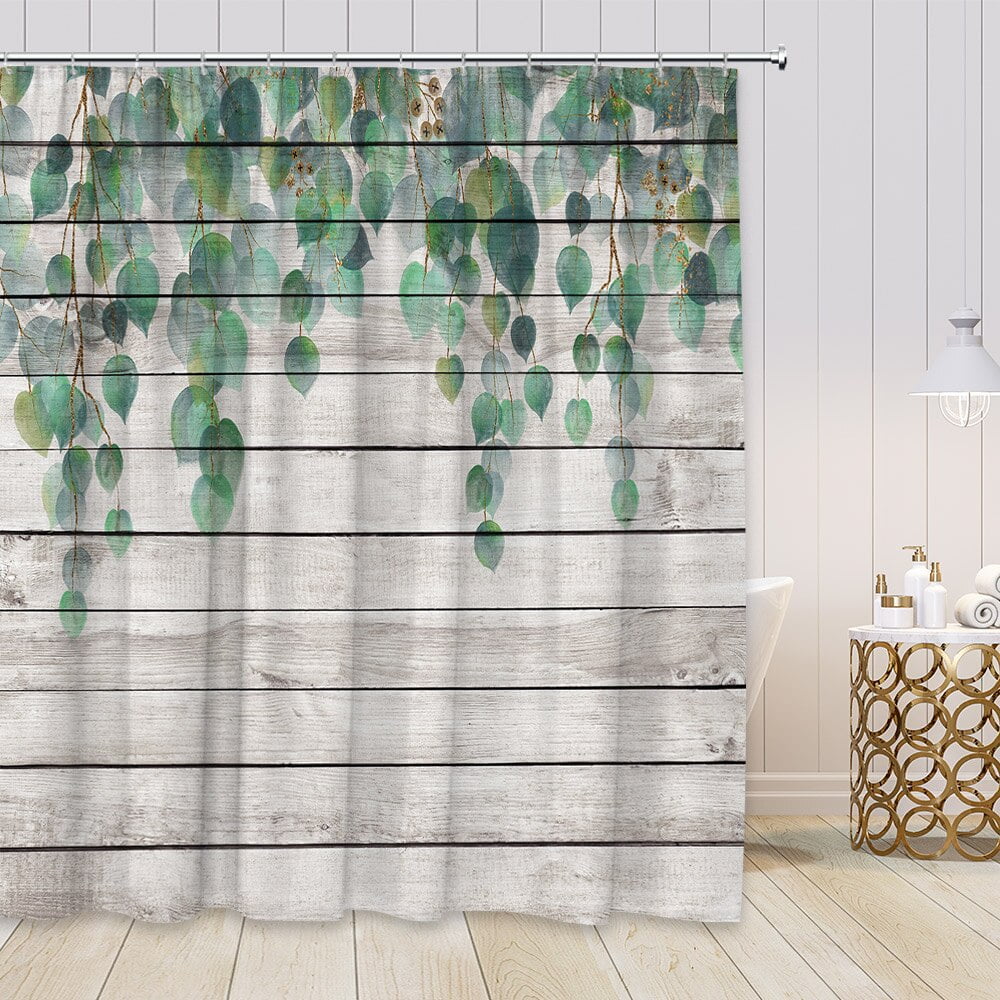 Plant Leaves Shower Curtains Retro Gray Wood Board Green Leaf Modern