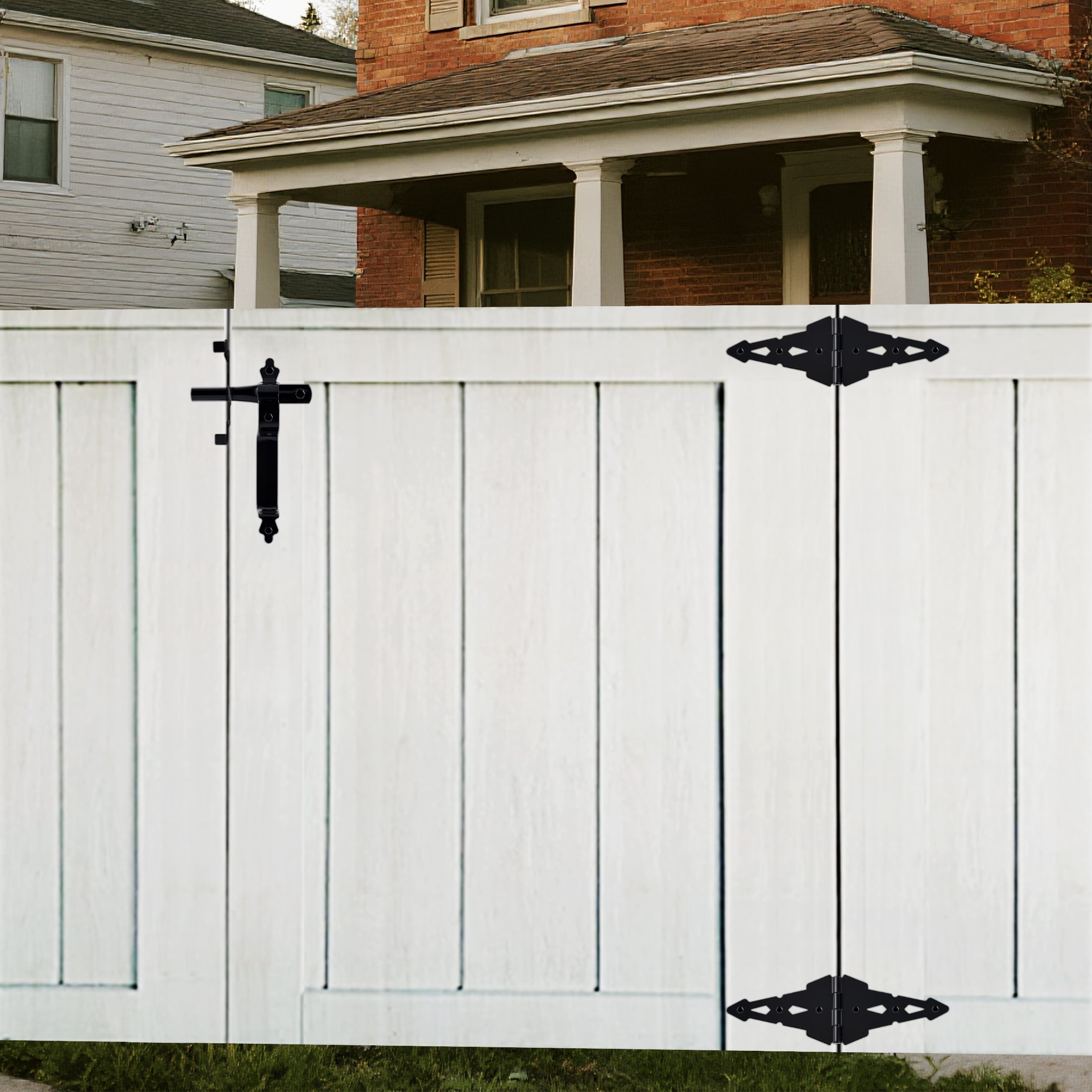 Hyper Tough Black Steel Post Latch Gate Kit with 8" Decorative Strap Hinges, Spring-Loaded Latch, Gate Pull Handle and Installation Hardware