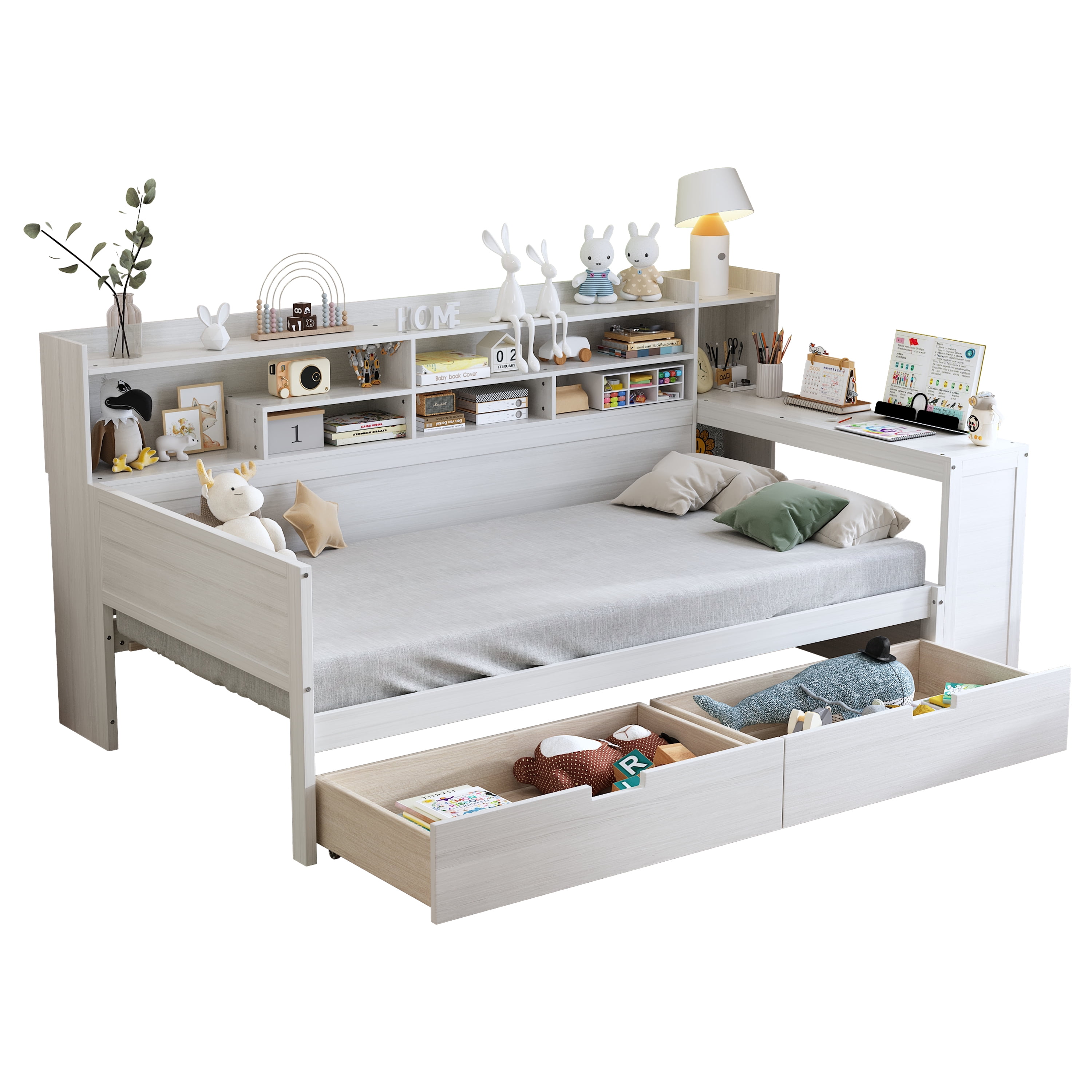 Euroco Wood Twin Size Daybed with Bookcase and Desk, Functional Shelves and 2 Drawers, White