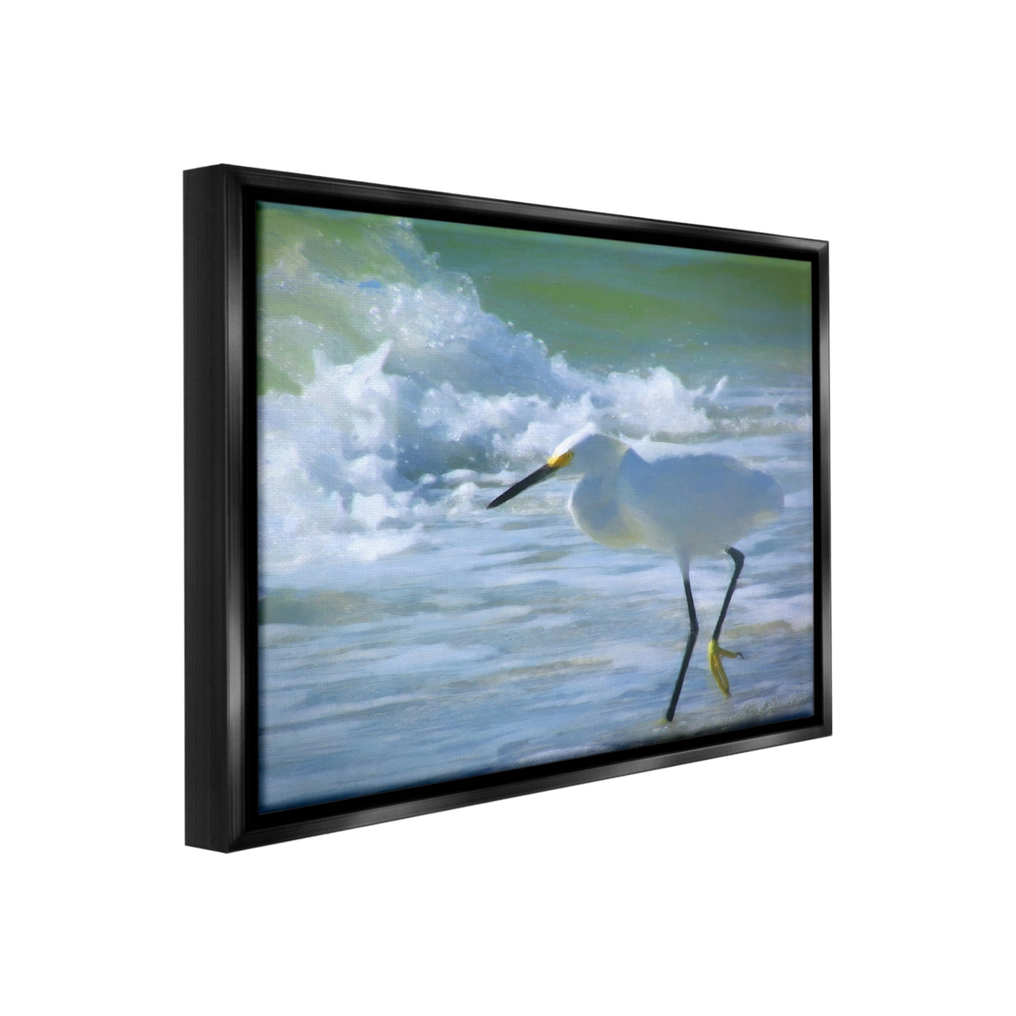 Stupell Industries Egret in Splashing Waves Landscape Painting Black Floater Framed Canvas Art Print Wall Art, 21 x 17