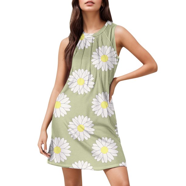 WILLBEST Regalos Para Mujer Vestido Playero Elegante De Verano Con Estampado Informal Y Sin Mangas, Largo Medio, Cuello Redondo 1974