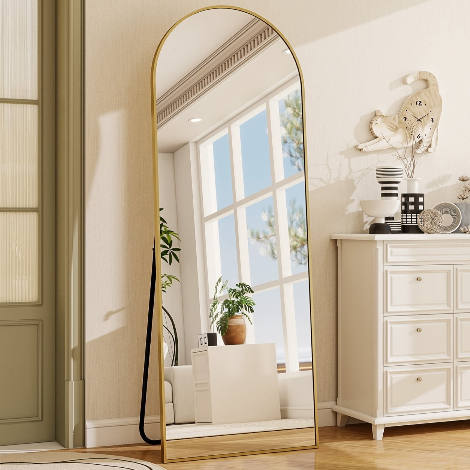 SEETHRUGLIMMER 68"x22.2" Arched Full Length Mirror Wall-Mounted Floor Mirror with Stand, Gold