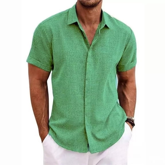 VV AVEORS Men'S Linen Short Sleeve Button Down Shirt Lightweight Breathable Business Casual Shirts Summer Beach Wedding Guest Tops Cyan M