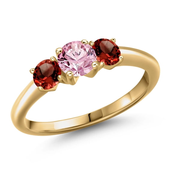 Gem Stone King 18K Yellow Gold Plated Silver Pink Lab Grown Diamond and Red Garnet Engagement Ring for Women | 1.24 Cttw | Round 5MM | Gemstone April Birthstone | Size 8