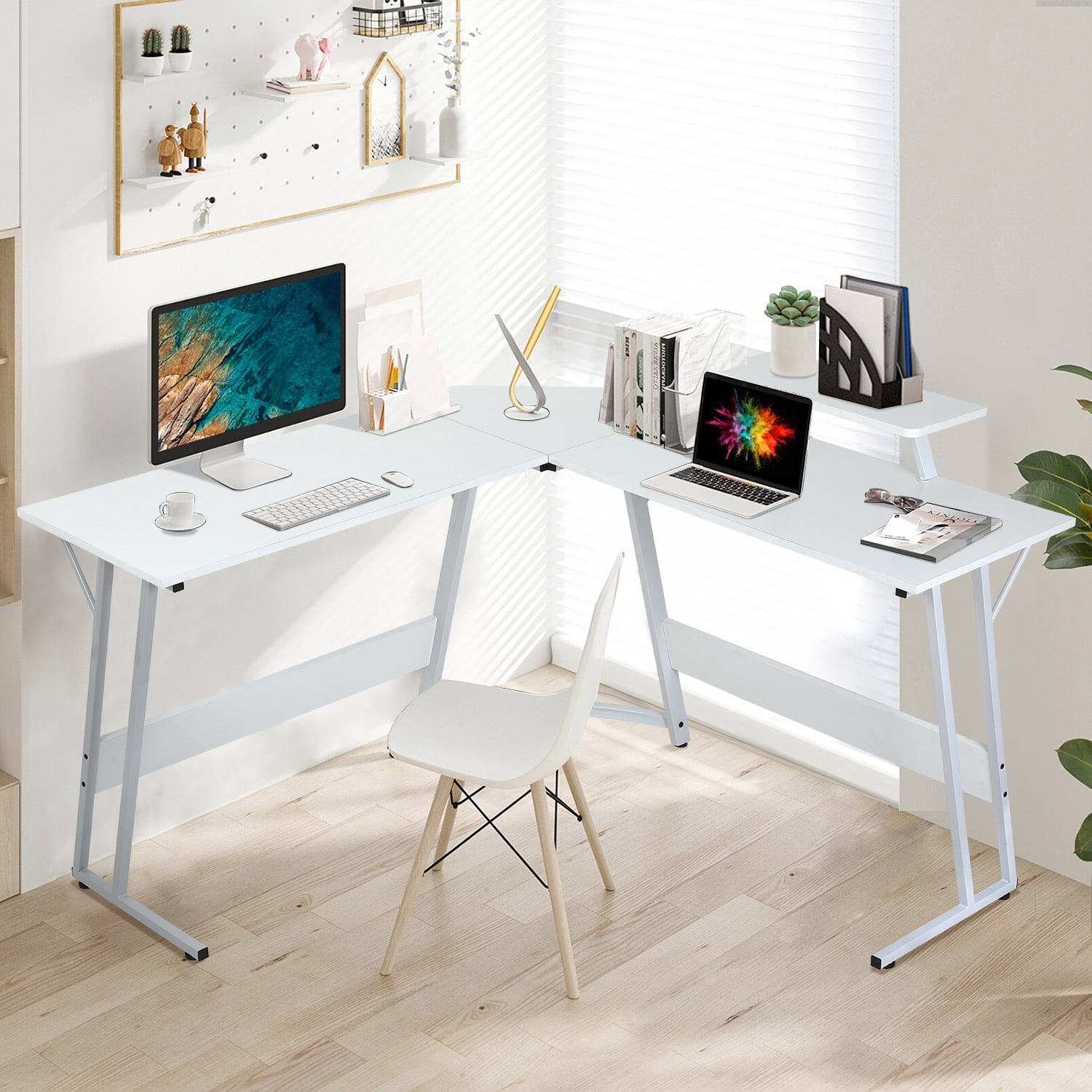 CL.HPAHKL L Shaped Desk Corner Gaming Desk Table with Large Monitor Riser Stand Computer Desk with Large Desktop Studying and Working and Gaming for Home and Work Place（ White 51 Inch ）