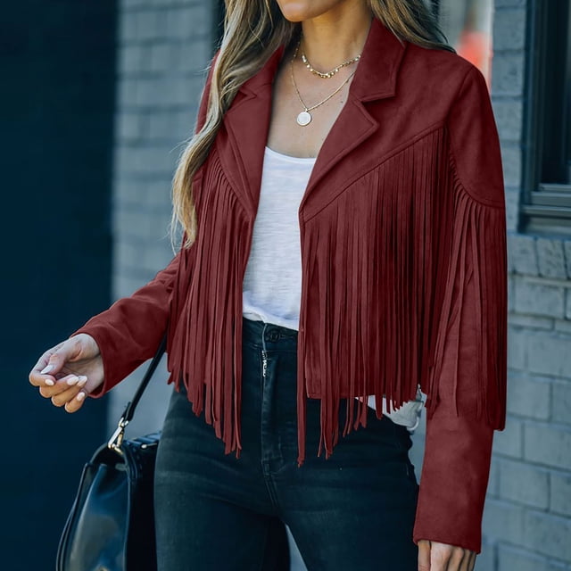 Veste Courte à Franges en Faux Suède pour Femmes, Manteau de Moto Ouvert à l'Avant avec Franges