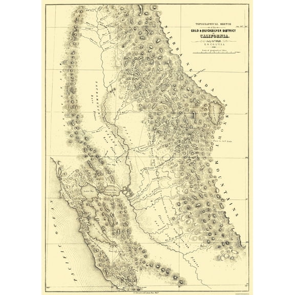 Historic Mine Map - California Gold Quicksilver District - Ord 1848 - Vintage Wall Art