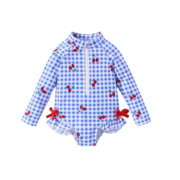 Krdevn Baby Girls Gingham Cherry Print One Piece Swimsuit Long Sleeve UPF 50 Rash Guard with Bows,18-24 Months