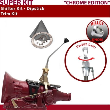 American Shifter C6 Shifter Kit Chrome 10 in. Trim Kit Dipstick Push Button Gray Boot Billet Knob for EEC66