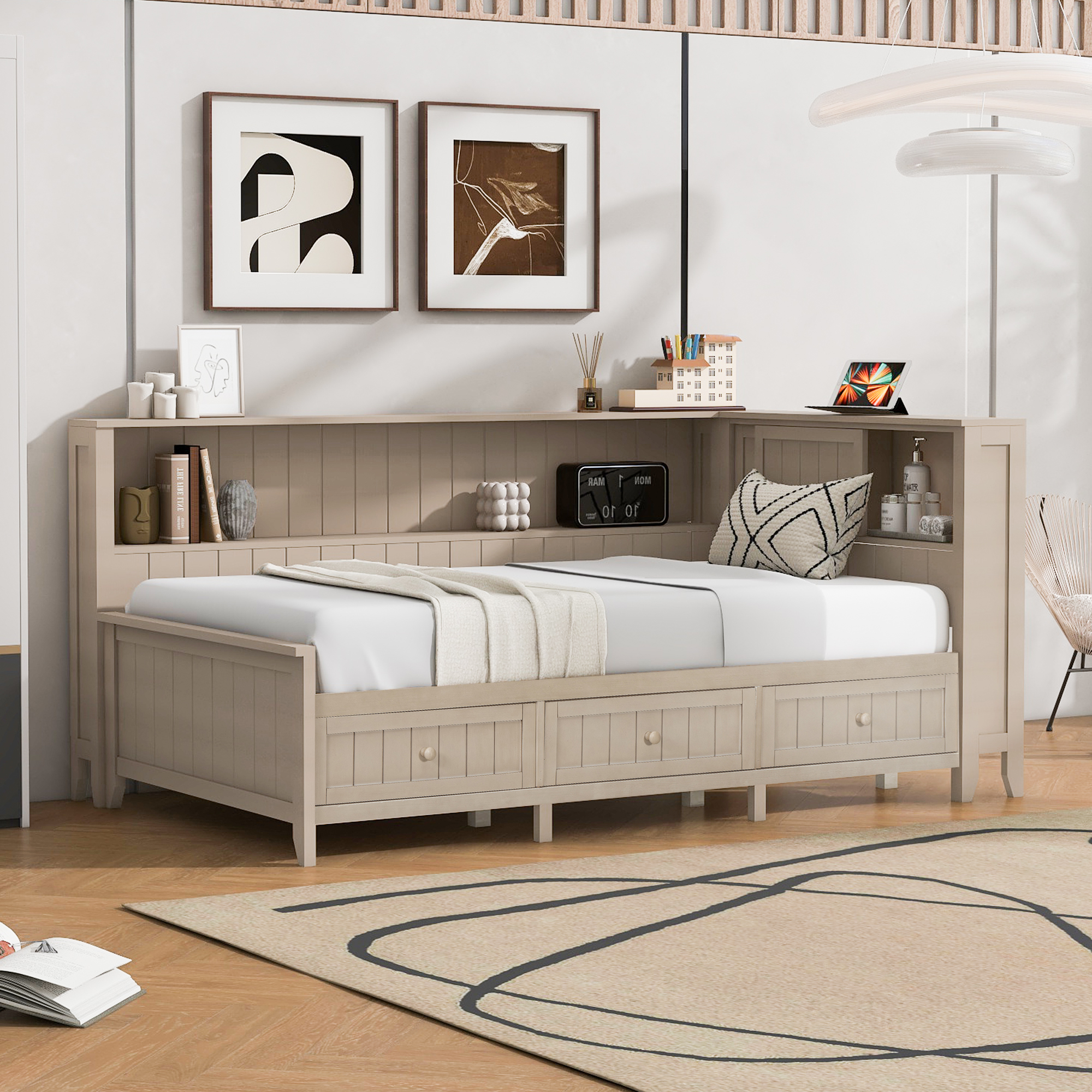 Euroco Wood Twin Size Daybed with Storage Shelves and Drawers