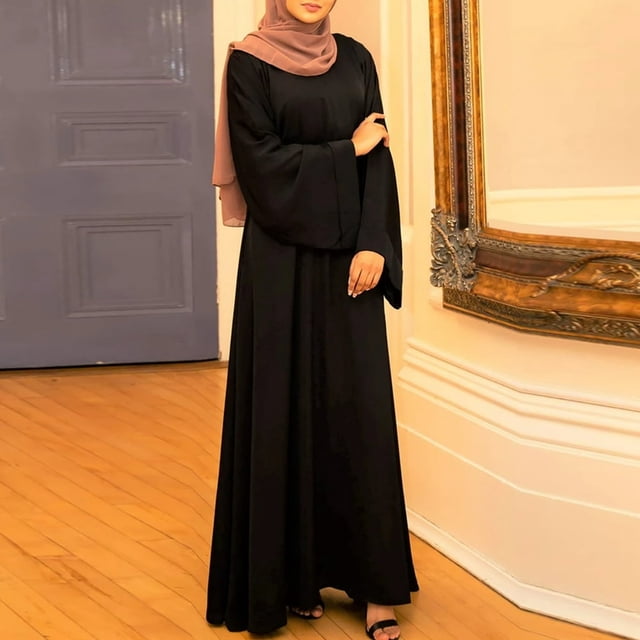 Women‘s Long Sleeve Maxi Dress Muslim Abaya Robe Plain Simple Modern Islamic Arabic Style Casual Dress