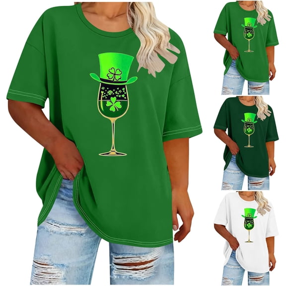 mihongmao St Patricks Day Shirt Women Tops Women's St. Patrick's Day Print Plus Size Round Neck Short Sleeve Spring/Summer Base Layer T-Shirt White 5X