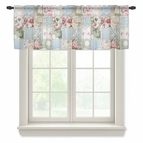 Green Blue Pink Botanical Valance Curtains for Kitchen/Living Room/Bathroom/Bedroom Window, Rod Pocket Small Topper Half Short Window Curtains Voile Sheer Scarf, Spring Floral Vintage 60"x18"
