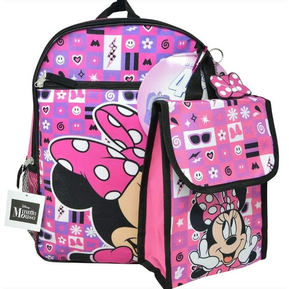 Disney Minnie Mouse 16" Backpack Set with Lunch Bag, Keychain & Carabiner Pink Checkered Design