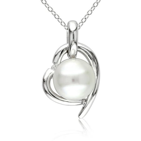 Miabella 8.5-9mm White Round Cultured Freshwater Pearl and Diamond-Accent Sterling Silver Heart Pendant, 18