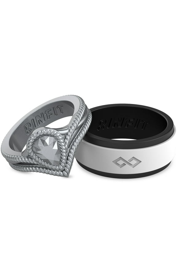 Silicone Rings for Women & Men - Couple Sets Rubber Wedding Bands - Black & White, Diamond Silver