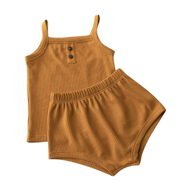 FFENYAN Girls Solid Color Soft Ribbed Tank & Shorts Set - All-Season Breathable Stretchy 2-Piece Outfit for Girls - Perfect for home play and go out for a walk for 9 Months-4 Years