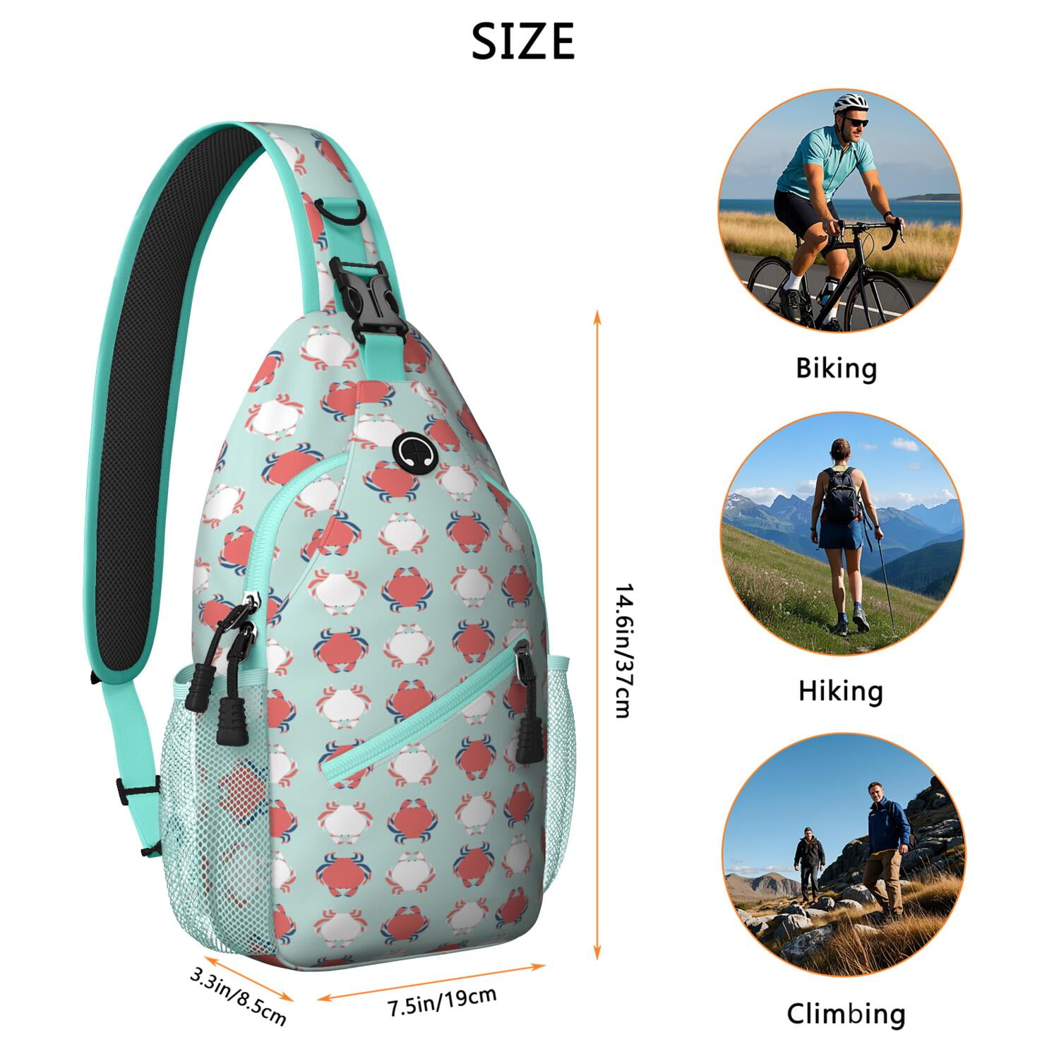 Colorful Crab Shoulder Backpack - Black White Nautical Sling Bag for Outdoor Enthusiasts, Anti-Theft Design & Spacious - Cartoon Crab Daypack for Hiking, Biking, Traveling & Urban Use