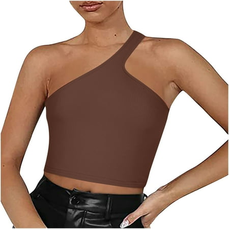 

YOTAMI Women s Sexy One Shoulder Sleeveless Cami Tops Solid Strappy Sloping Shoulders Suspenders Tops M Brown