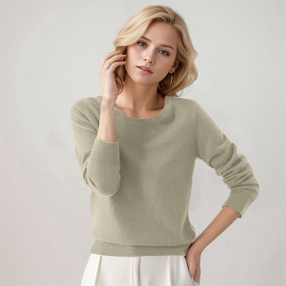 LEKDFST Womens Fall Sweaters Casual Soft Knit Basic Pullover Sweater Lightweight Crewneck Long Sleeve Jumper Tops Khaki XXXL