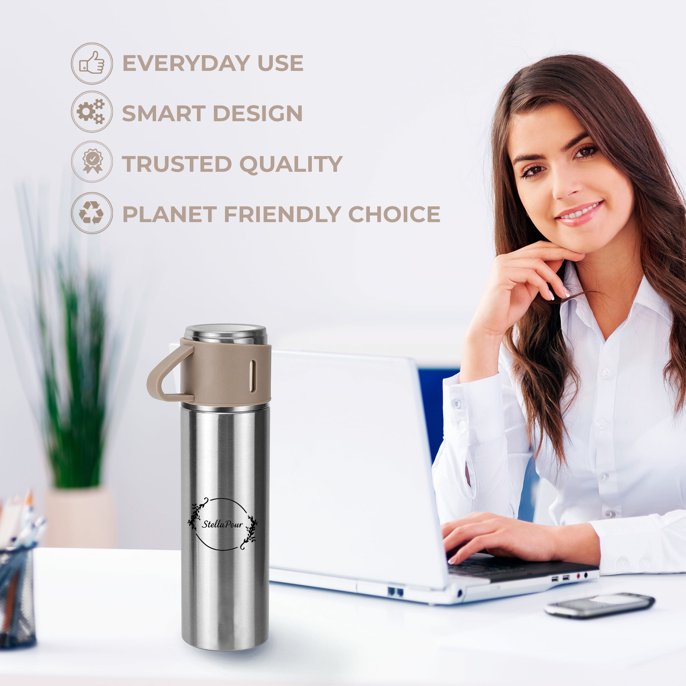 Stella Pour Stainless Steel Vacuum Insulated Water Bottle with Cup – 500ml/16.9oz Thermo Flask, Hot & Cold Coffee Thermos, Leakproof BPA-Free Travel Flask – BROWN