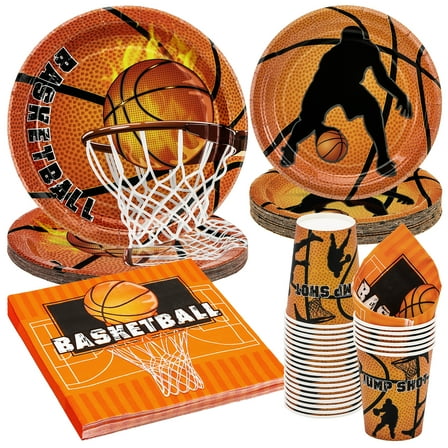 96 Pcs Basketball Party Supplies Tableware Set for 50 Guests Includes Basketball Plates and Napkins and Cups Birthday Party Decorations Favors Sport Disposable Paper Dinnerware Kits