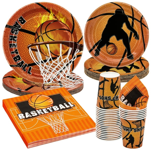 96 Pcs Basketball Party Supplies Tableware Set for 50 Guests Includes Basketball Plates and Napkins and Cups Birthday Party Decorations Favors Sport Disposable Paper Dinnerware Kits