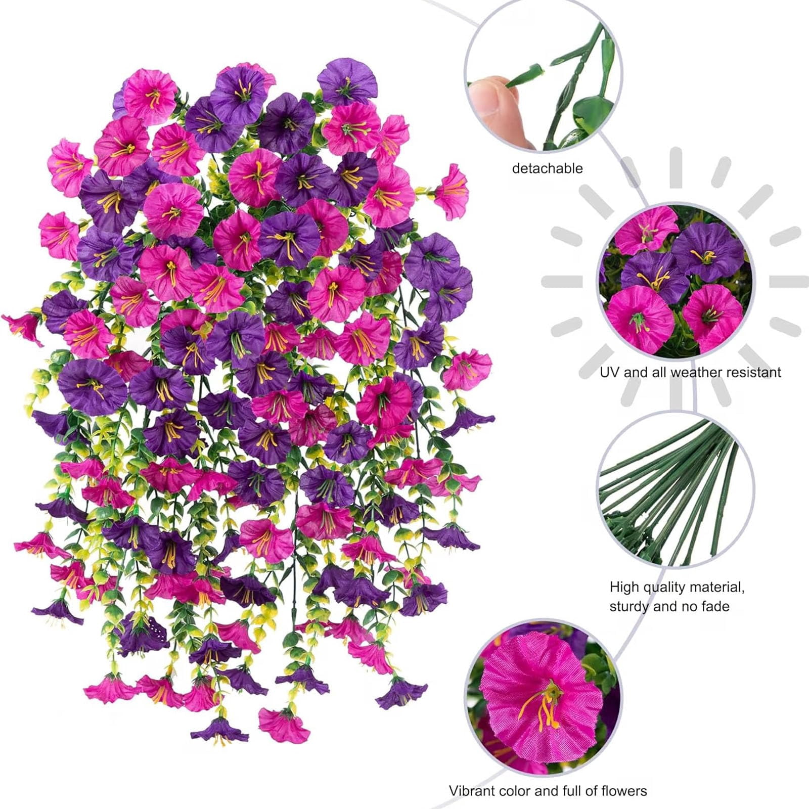 UV Resistant Hanging Artificial Morning Glory Vine – No Fade Fake Flowers for Outdoors, 29.5″ Weatherproof Plastic Garland for Front Porch, Window Box, Hanging Garden