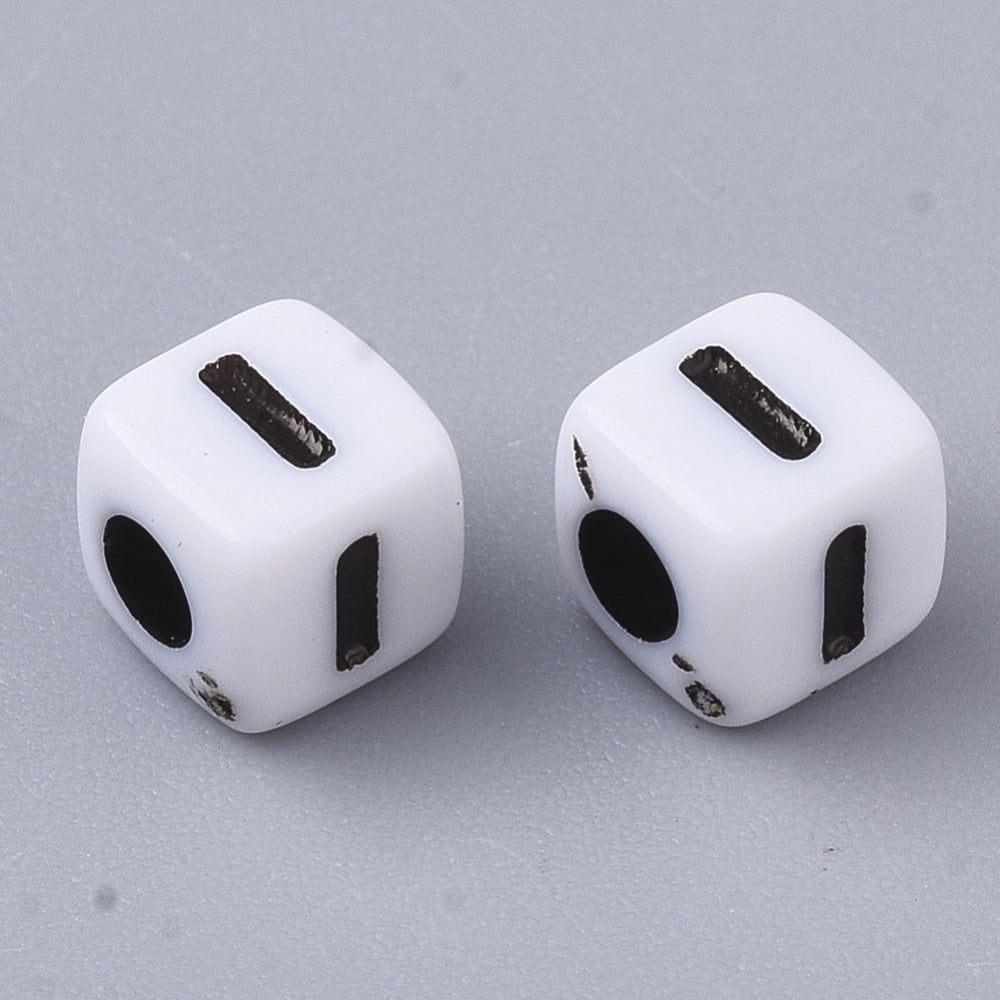 500gs 500gs White Opaque Acrylic Beads Horizontal Hole Cube with Black Alphabet Letter.I 4~5x4~5x4~5mm Hole: 1.8mm about 6470~6500pcs/500g